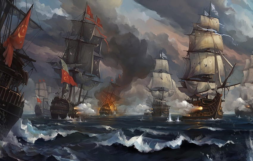 Ocean, morze, postać, ogień, bitwa, żaglówki, statki, otomana Tapeta HD
