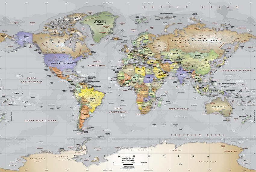 Gri Okyanuslar Dünya Siyasi Haritası Duvar Resmi Miller Projeksiyonu [2500x1686] , Mobil ve Tablet HD duvar kağıdı
