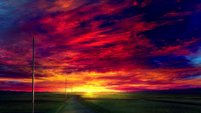 3840x2160 Anime-Landschaft, Sonnenuntergang, Roter Himmel, Realistisch, Feld, Szenisch für U-TV, Anime-Szenisches Rot HD-Hintergrundbild