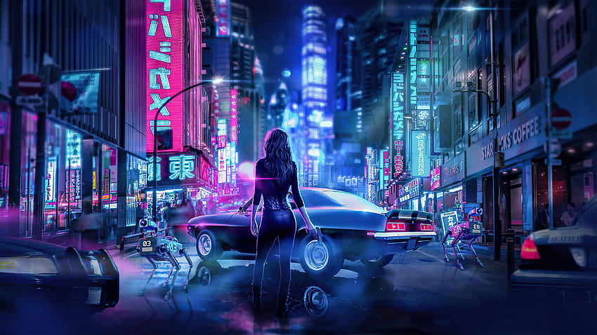 Cyber ​​​​Jepang Neon Lights Girl With Gun Cyber ​​​​Jepang Neon Lights Girl With Gun, anime cyber city Wallpaper HD
