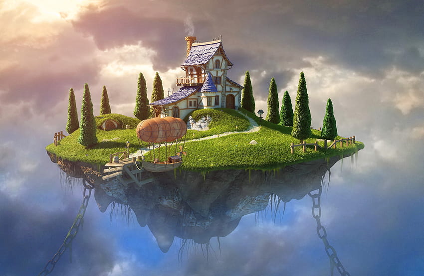 Arte de fantasía, arte digital, casa, árboles, cadenas, zepelín, roca, nubes, isla flotante y s móviles, isla del cielo fondo de pantalla