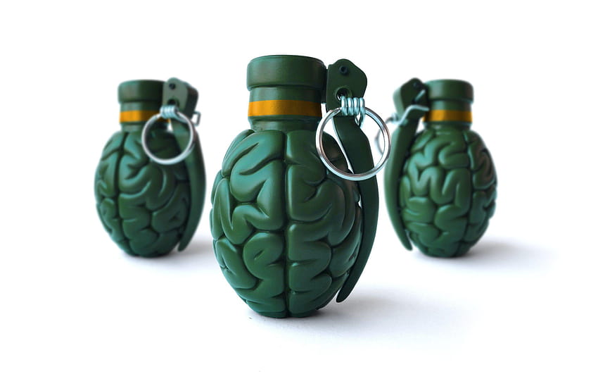 3d grenade, green grenade, 3d brain, brainstorm HD wallpaper