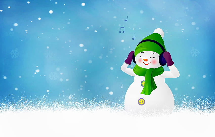 winter, snow, snowflakes, pose, notes, music, holiday, hat, graphics, vector, hands, headphones, scarf, Christmas, New year, snowman , section новый год, graphic winter HD wallpaper