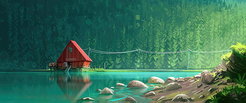 3440 x 1440] Forest Lake Minimalism Ultrawide Crop, 3440x1440 verde fondo de pantalla