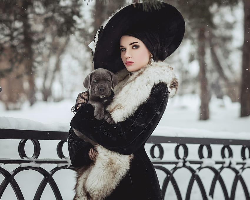 black clothing, winter, girl model with dog, puppy 1280x1024 , standard 5:4 fullscreen , 1280x1024 , background, 4407, puppy dog and girl HD wallpaper