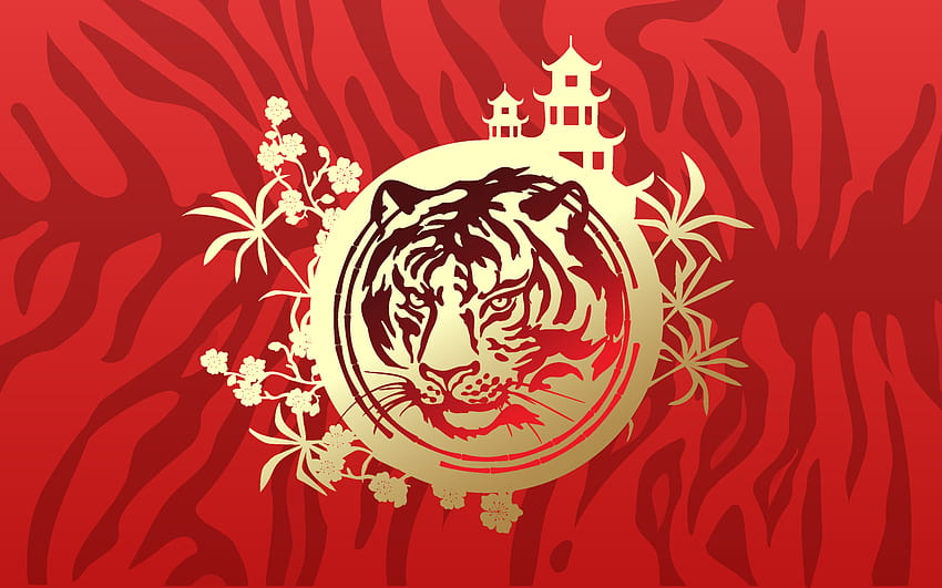 Kepala harimau dengan emas dengan latar belakang merah dari pagoda Cina, bambu, sakura dan kipas. Selamat Tahun Baru Imlek 2022. 4777343 Seni Vektor di Vecteezy, tahun harimau Wallpaper HD