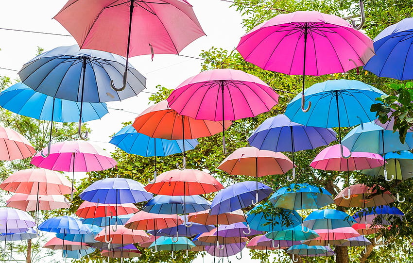 summer, the sky, colors, umbrella, colorful, umbrellas, rainbow, summer, flying, umbrella , section настроения, summer umbrellas HD wallpaper