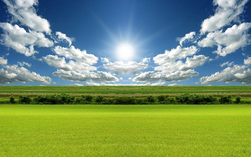 Un large champ vert, des nuages ​​blancs, un ciel bleu. Android pour Fond d'écran HD