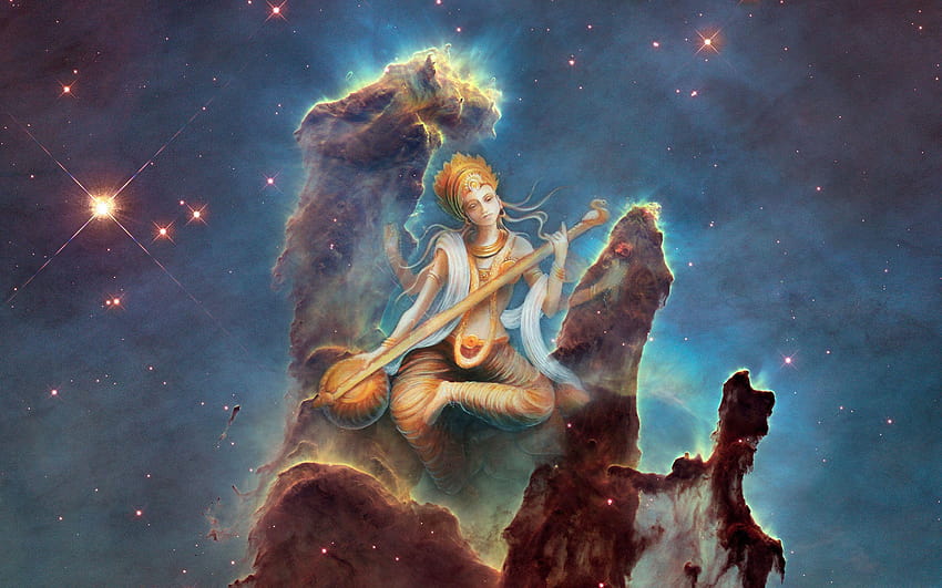 Сарасвати, индийска богиня, богиня на знанието, стълбове, стълбове на сътворението HD тапет