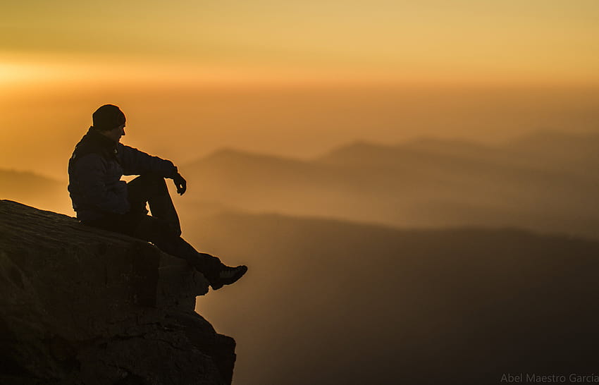 Silhouette graphy of man on top of mountain HD wallpaper