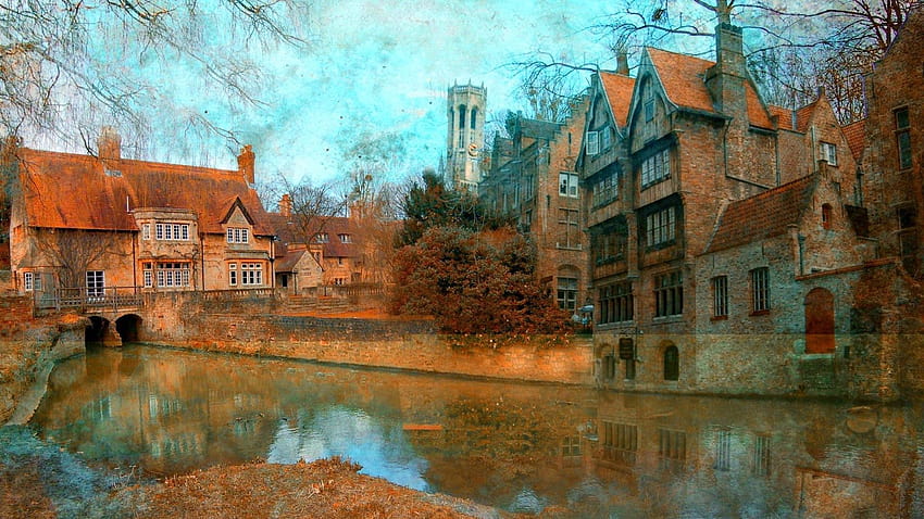 Houses, English, Houses, Lake, Cottages, Autumn, Blue, Sky, Europe, europe autumn HD wallpaper
