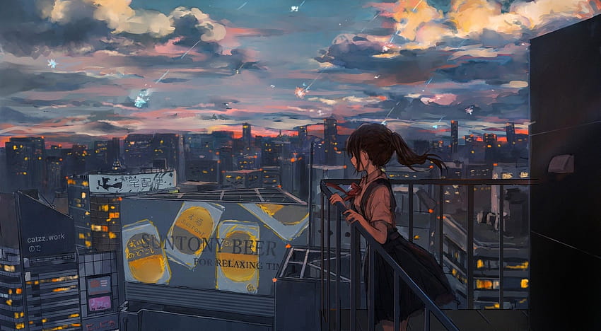 1960x1080 Anime Girl, Sadness, Falling Stars, Cityscape, Scenic, Rooftop HD wallpaper