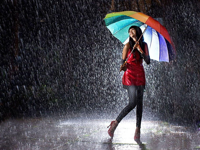 caminando bajo la lluvia, niña y sombrilla fondo de pantalla