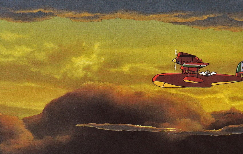 the sky, clouds, flight, the plane, the evening, hayao, porco rosso HD wallpaper