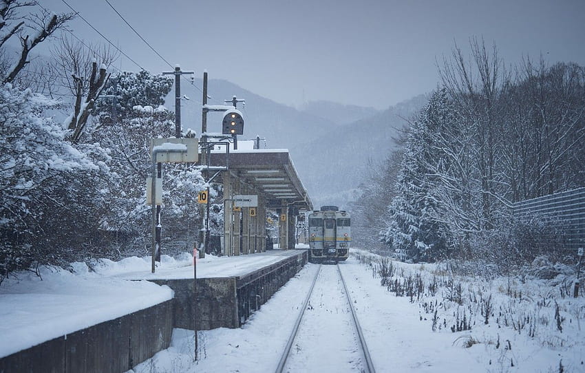 Winter, Japan, Station, Train, Railroad, Landscape , section природа, winter train HD wallpaper