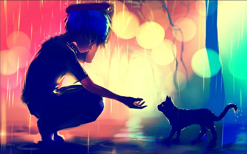 2560x1600 Anime Boy, Cat, Sadness, Profile View, anime boy rain HD wallpaper