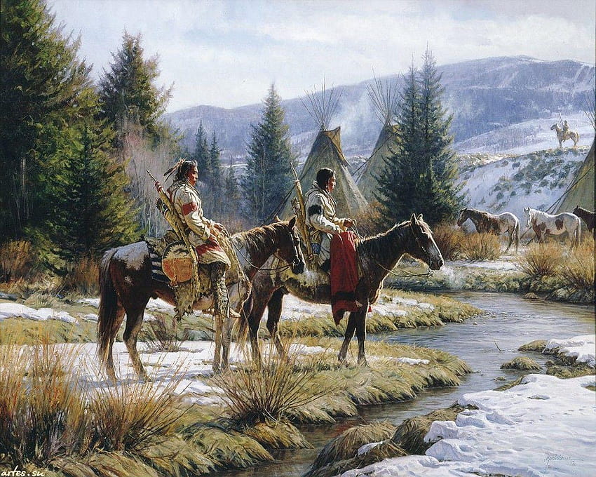 冬: アメリカ インディアン冬カントリー ローバー ネイティブ絵画馬、ネイティブ インディアンの背景 高画質の壁紙