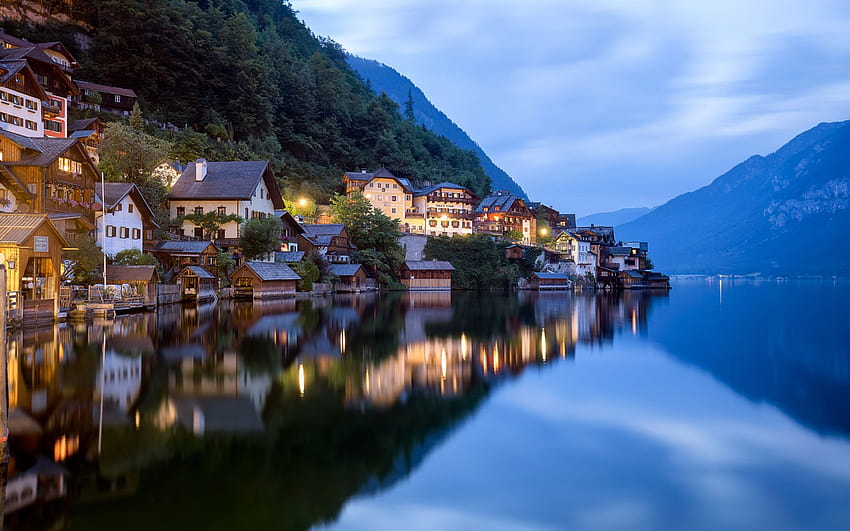 Peaceful Water Lake Hallstatt Also Small Village In The Area Of The Gmunden Austrian State Of Upper Austria Landscape graphy For 3840x2400 : 13, lake village HD wallpaper