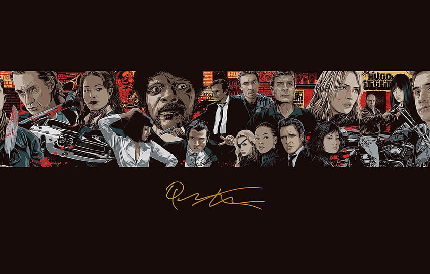 filmes, figura, minimalismo, arte, atores, fundo preto, personagens, autógrafo, Tarantino, ficção pulp, Kill bill, Tarantino, cães reservatório, Bastardos inglórios, seção фильмы, Kill bill movie papel de parede HD