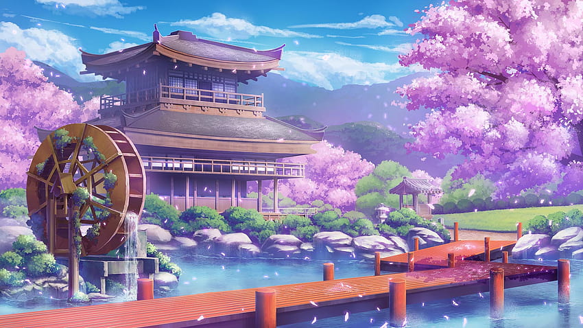 Water Trees Mountains Watermills Clouds Anime, purple scene anime HD wallpaper