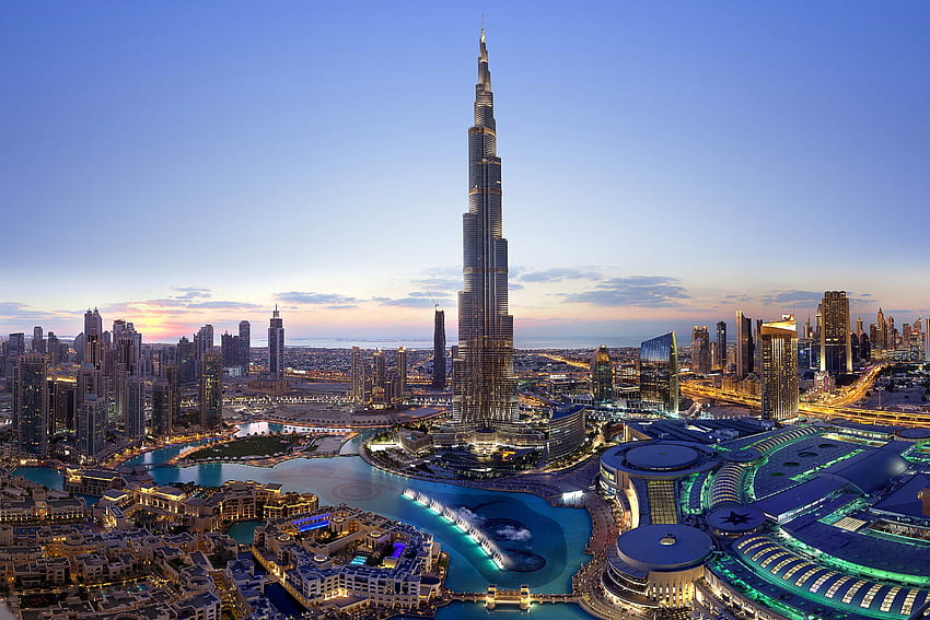 Burj Khalifa , Dubai, Cityscape, Skyscrapers, Dusk, Clearsky, Sunset, Aerial view, World HD wallpaper