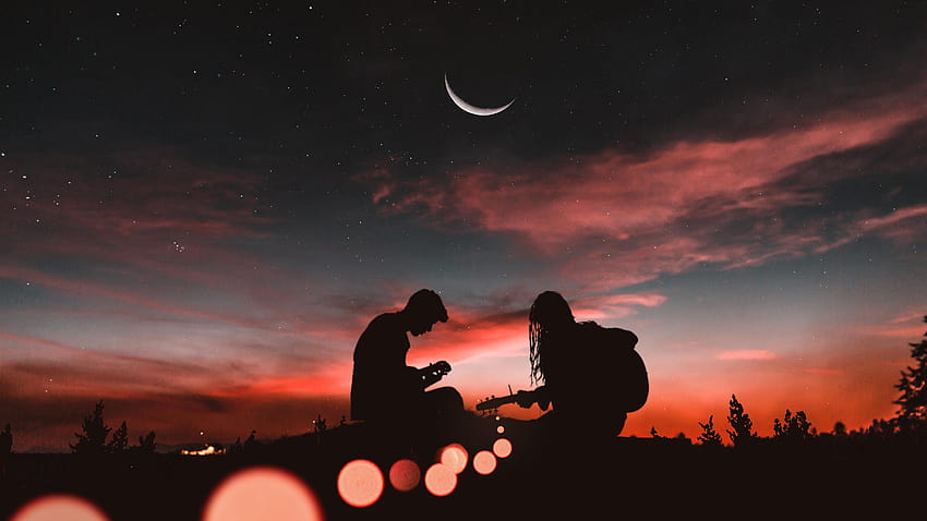 Pasangan, Bermain gitar, Matahari terbenam, Setengah bulan, Siluet, siluet matahari terbenam pasangan romantis Wallpaper HD