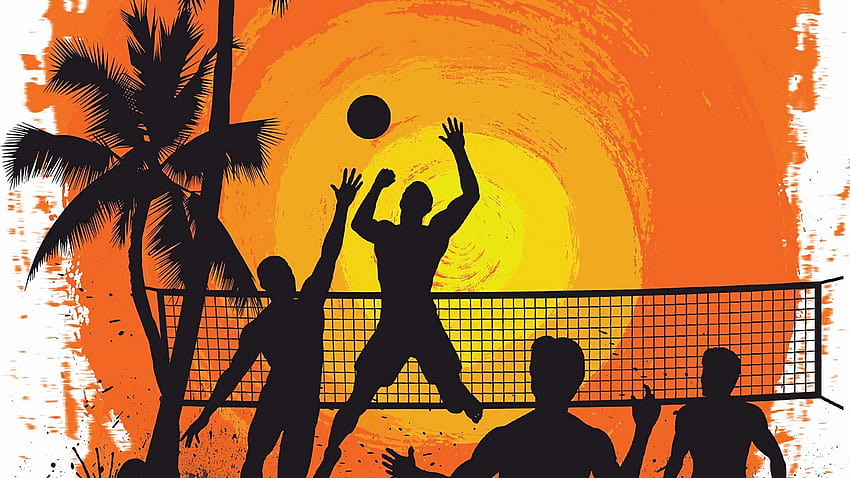 1920x1080 volleyball, silhouettes, sun, team trees HD wallpaper