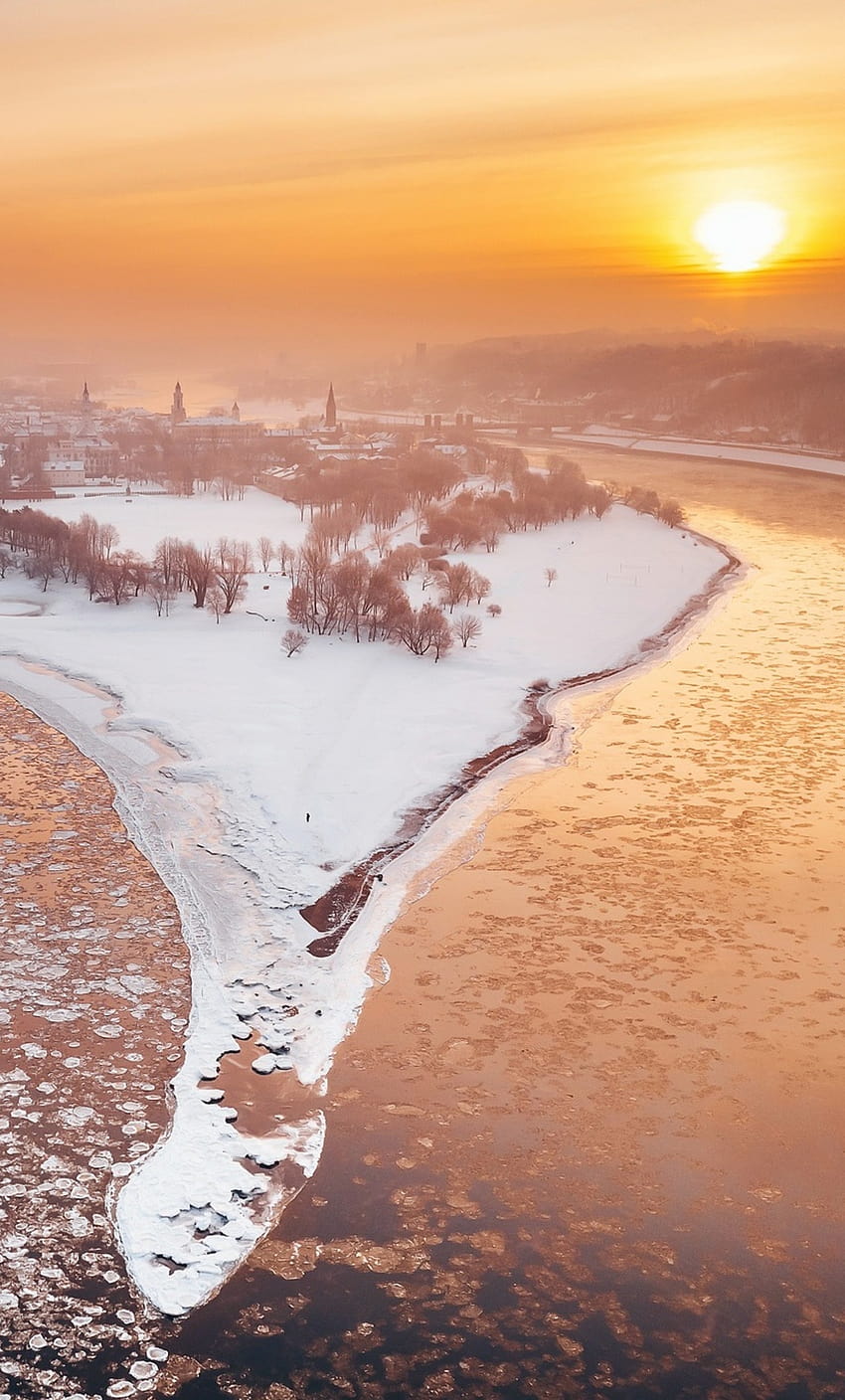 1280x2120 Kaunas Nehri Şehir Kış Kar Güneş Işığı iPhone , Arka Planlar ve kış nehir gün doğumu HD telefon duvar kağıdı