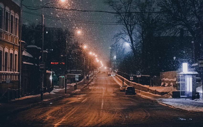 3840x2400 เมืองกลางคืน, ถนน, หิมะตก, คืนฤดูหนาวพิเศษ วอลล์เปเปอร์ HD