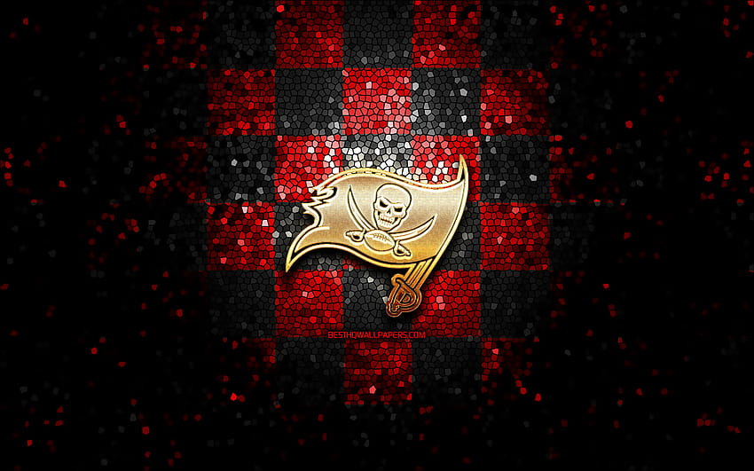 Tampa Bay Buccaneers, glitter logo, NFL, red black checkered background, USA, american football team, Tampa Bay Buccaneers logo, mosaic art, american football, America with resolution 2880x1800. High Quality, tampa bay bucs computer HD wallpaper