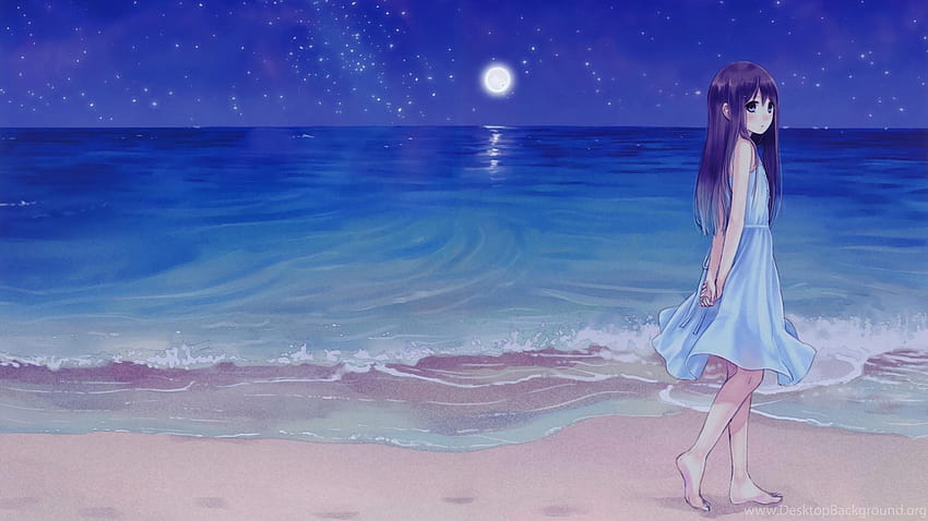 해변 애니메이션 배경, 만화 해변에서 만화 소녀 HD 월페이퍼