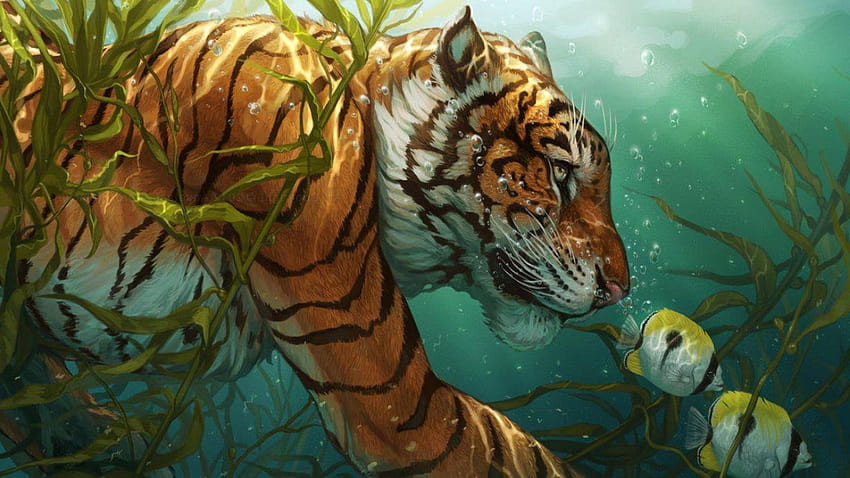 2816796 1920x1080 animals artwork tiger fish bubbles, tiger wildlife artwork HD wallpaper