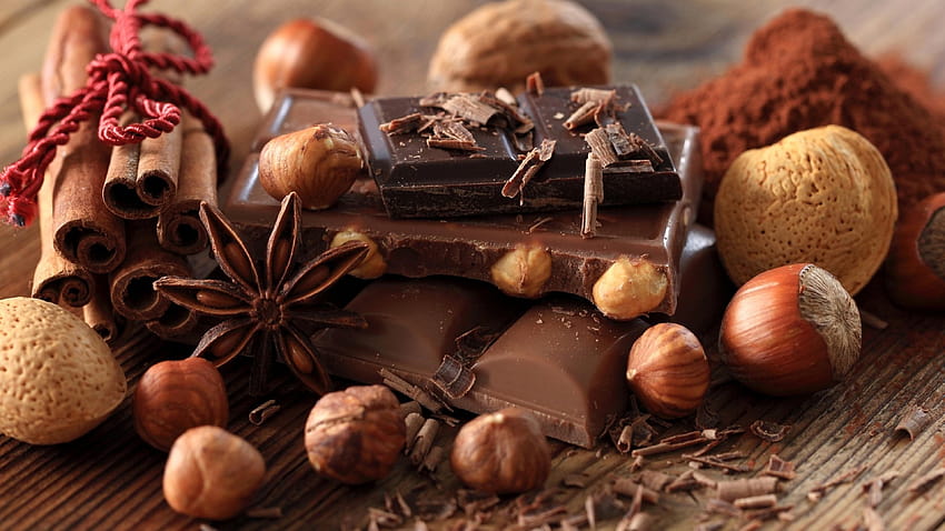 Piece of chocolates cinnamon and peanuts, cacao HD wallpaper