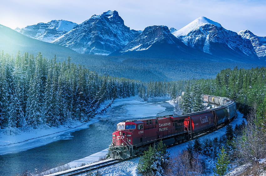 : Ağaçlar, peyzaj, orman, Dağlar, kar, kış, Araç, tren, demiryolu, buz, Karlı tepe, nehir, Kanada, Alpler, kayalık Dağlar, sezon, Dağlık alan şekilleri, Yeryüzü biçimi, Dağ sırası, demiryolu taşımacılığı, Haddehane 2048x1360, demiryolu kışı HD duvar kağıdı