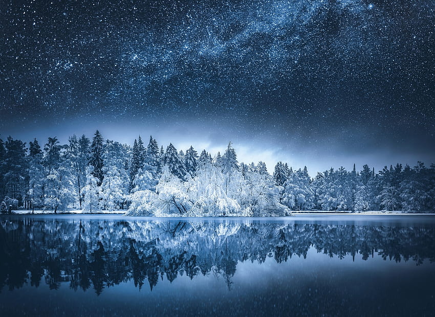 : 木、風景、森、秋、湖、水、自然、反射、空、雪、冬、長時間露光、穏やか、夕方、朝、天の川、霧、霜、地平線、星が輝く夜、北極、フィンランド、ジン、 真夜中、木、夜明け、闇 高画質の壁紙