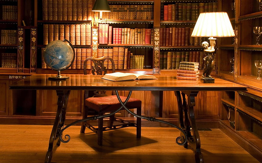Study in the library, study room HD wallpaper