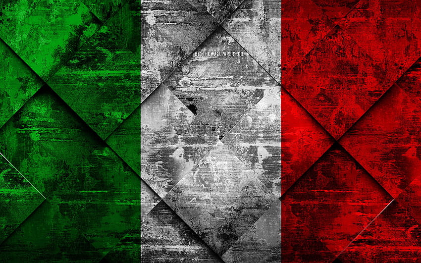 Bandeira da Itália, arte grunge, losango, arte papel de parede HD