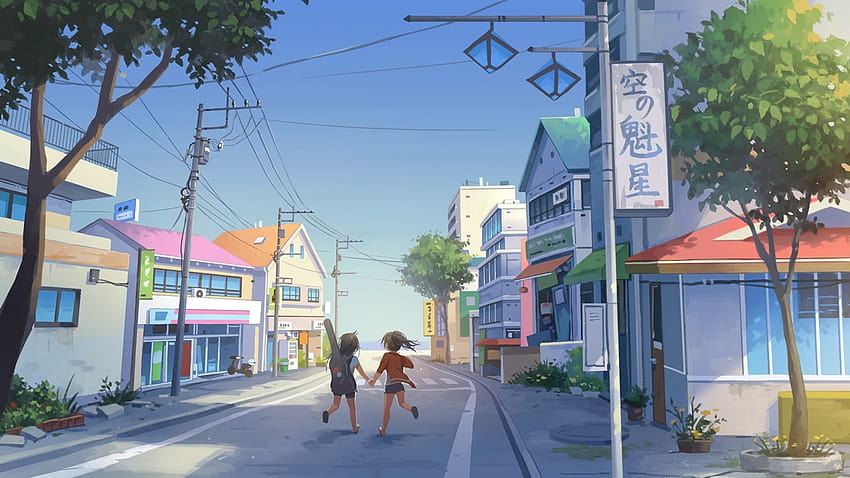1920x1080 Anime-Stadt, Kinder, Gebäude für Breit, Anime-Nachbarschaft HD-Hintergrundbild