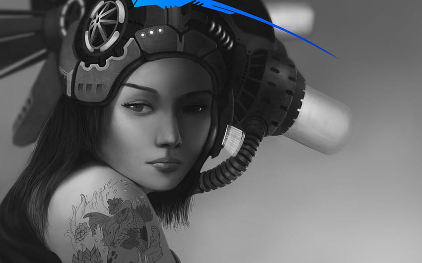 Sztuka dziewczyna kapelusz monochromatyczne czarno-biały niebieski tatuaż tatuaż, ludzka dziewczyna cyborg Tapeta HD
