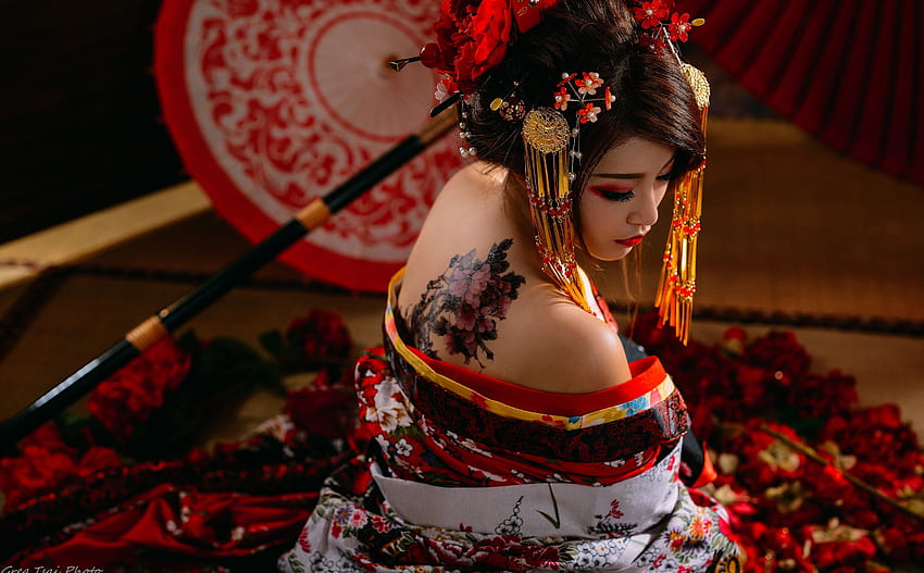 Traditionelles japanisches Frauen-Tattoo, japanischer Frauen-Regenschirm HD-Hintergrundbild