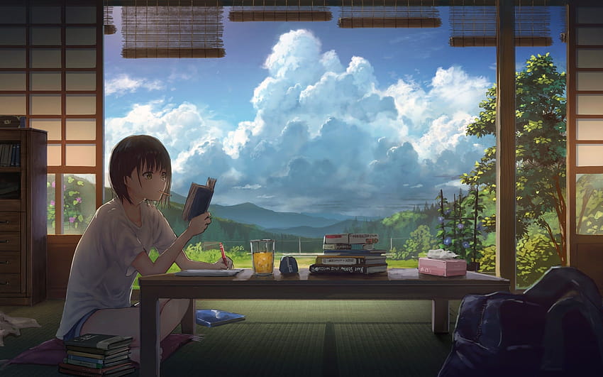 2880x1800 Anime Girl, lectura, verano, nubes, escénico, nubes de verano fondo de pantalla