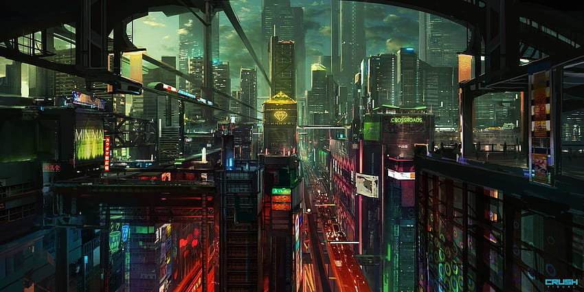 Download wallpaper 1366x768 cyberpunk, city, buildings, art, tablet,  laptop, 1366x768 hd background, 25488