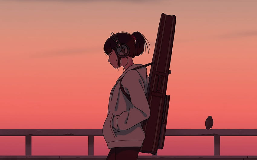Musikerin, Gitarre, Anime-Mädchen, Sonnenuntergang, Kunst, Anime-Gitarrenmädchen PC HD-Hintergrundbild
