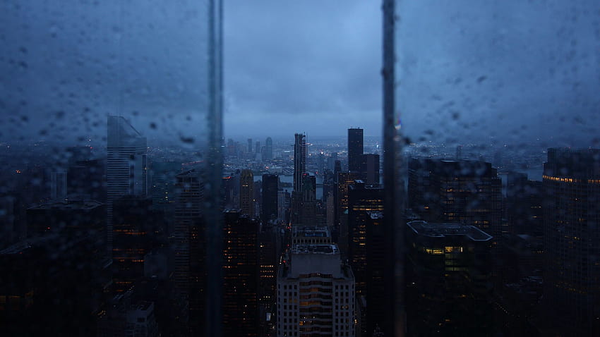 2560x1440 нощен град, прозорец, дъжд, небостъргачи, дъждовна нощ HD тапет