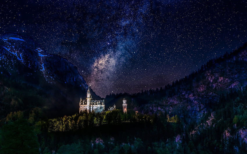 Neuschwanstein Castle, Germany, Night, Milky Way, Stars, dark castelo HD wallpaper