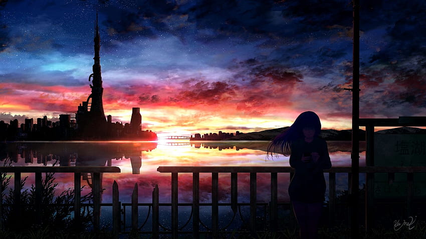 Silhouette, Night, Starry Sky, Girl, Anime, 1920x1080 anime night sky ...