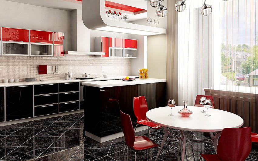 The kitchen and dining room / red and black and HD wallpaper
