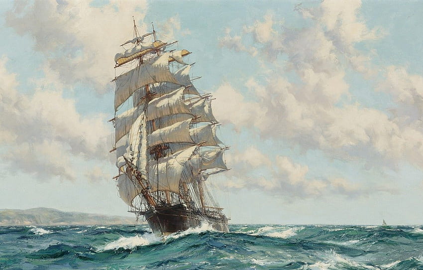 море, вълна, фрегата, маслена живопис, ветроходен кораб, ветроходни кораби HD тапет