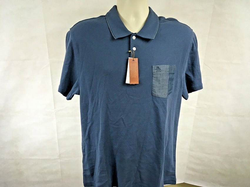 Penguin Heritage Slim Fit Polo Shirt Men's XL Blue Pocket Collar Trim Preppy en venta en línea fondo de pantalla