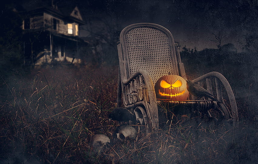 Rooks house pumpkin holiday halloween skulls dark skull, halloween skull and pumpkin HD wallpaper